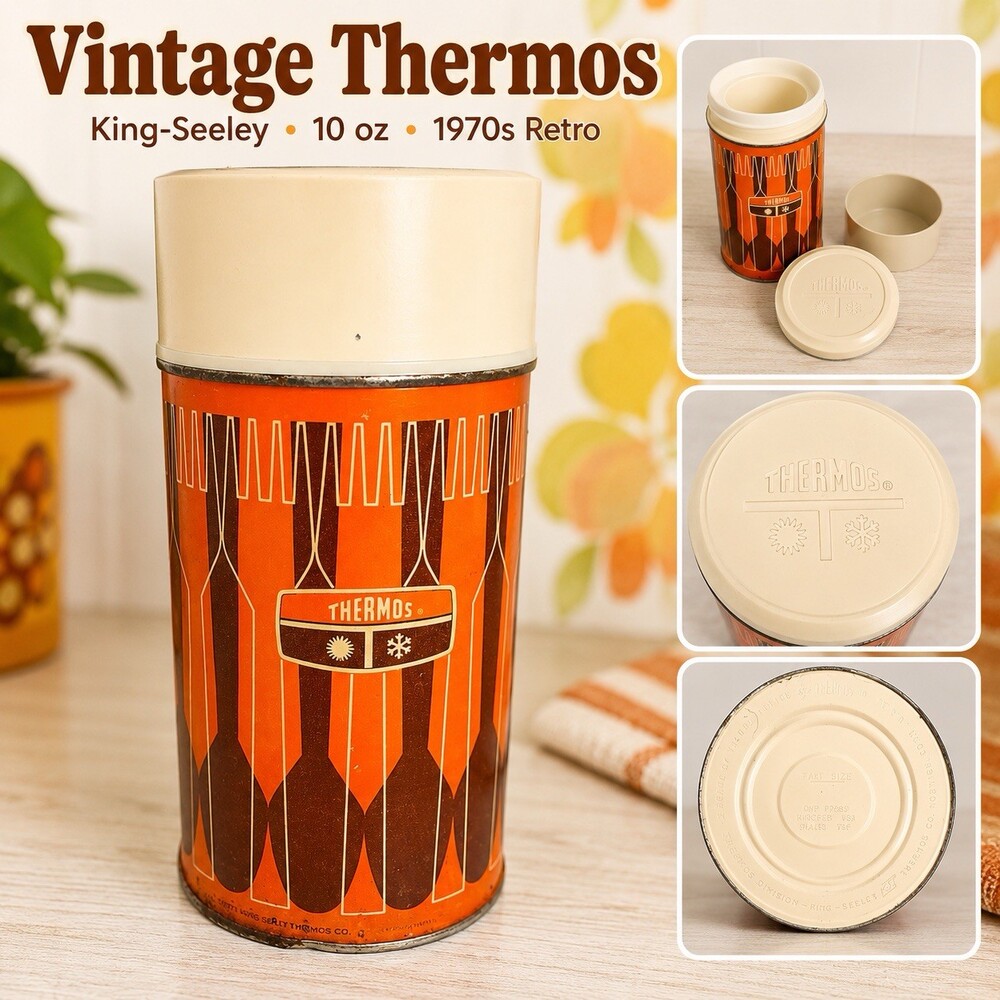 Vintage 1971 King-Seeley Thermos #7063 - Orange Brown Tan 10 oz. Hot/Cold
